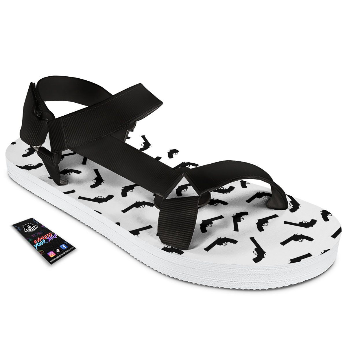 Guns White And Black Print Pattern Black Open Toe Sandals-grizzshop