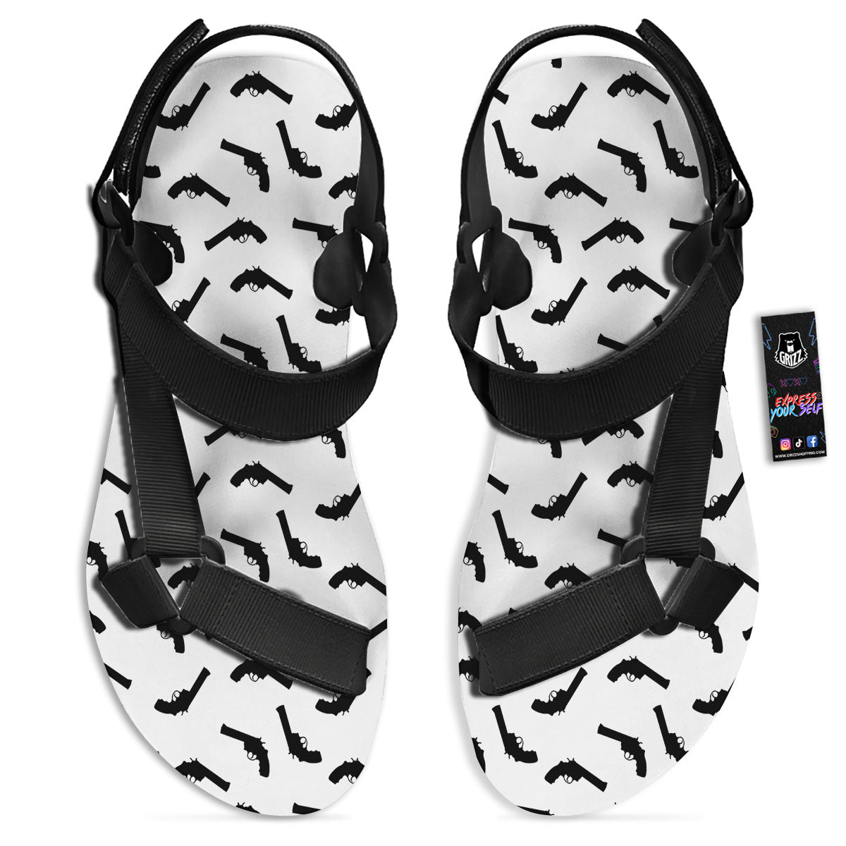 Guns White And Black Print Pattern Black Open Toe Sandals-grizzshop
