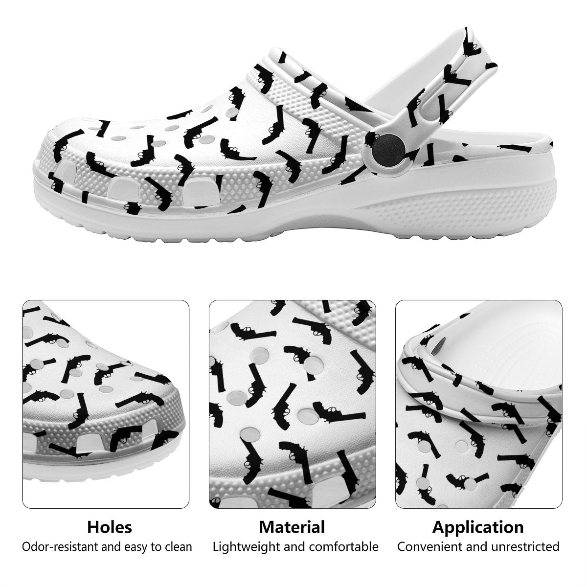 Guns White And Black Print Pattern Clog-grizzshop