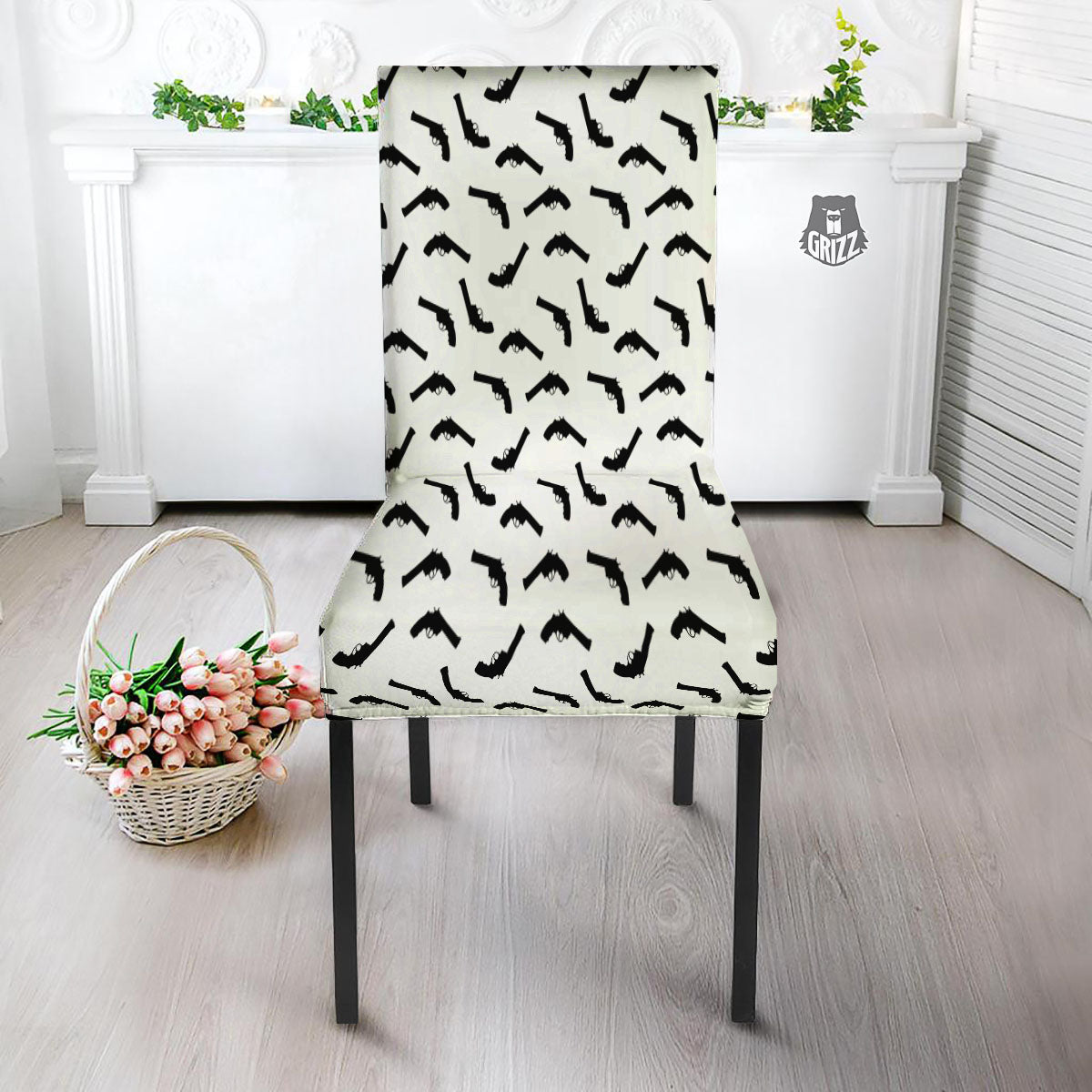 Guns White And Black Print Pattern Dining Chair Slipcover-grizzshop