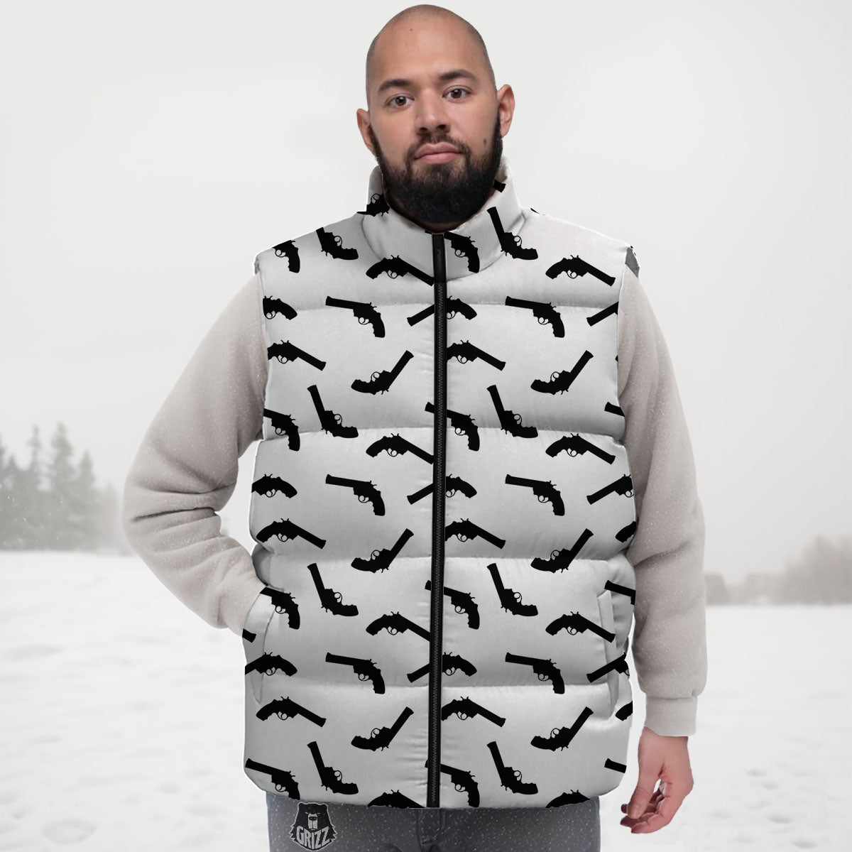 Guns White And Black Print Pattern Down Vest