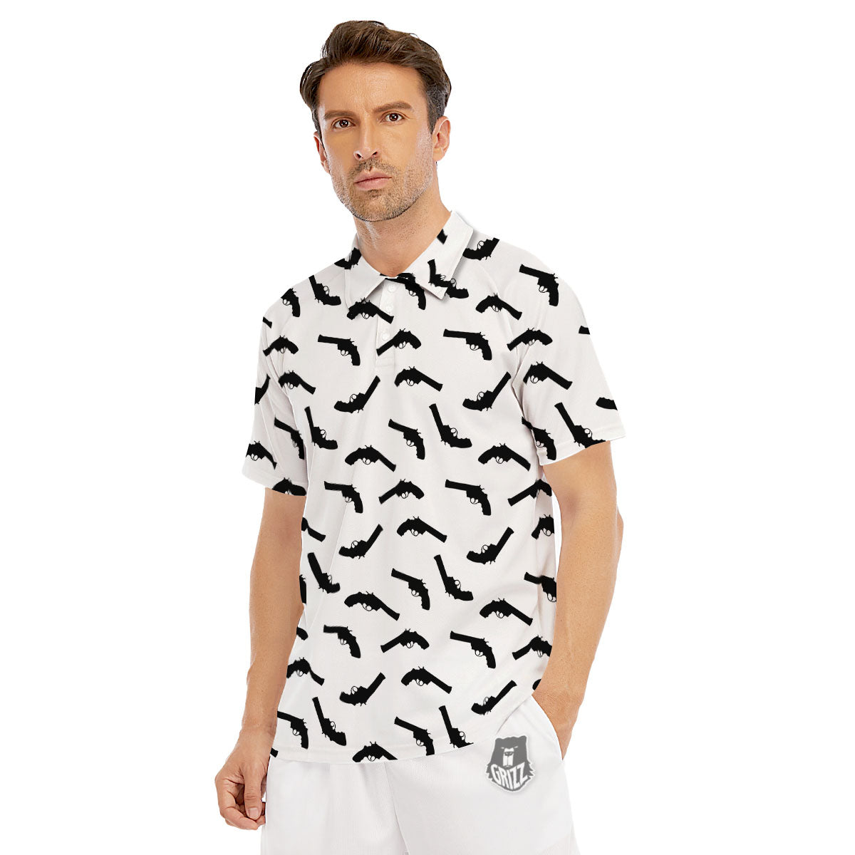 Guns White And Black Print Pattern Men's Golf Shirts-grizzshop