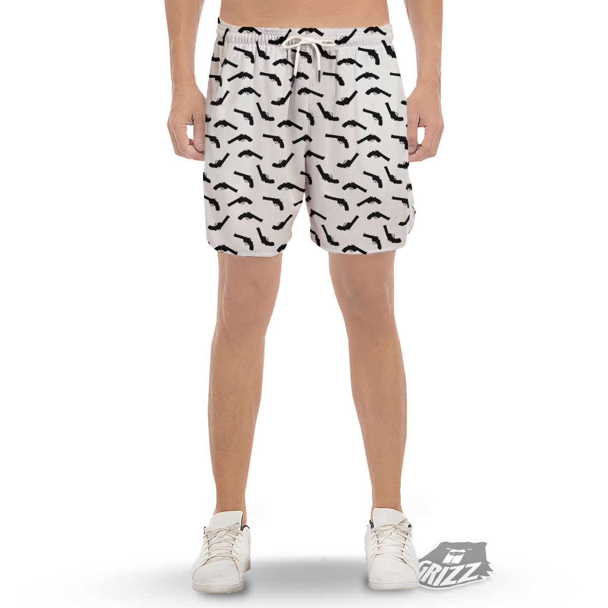 Guns White And Black Print Pattern Men's Gym Shorts-grizzshop