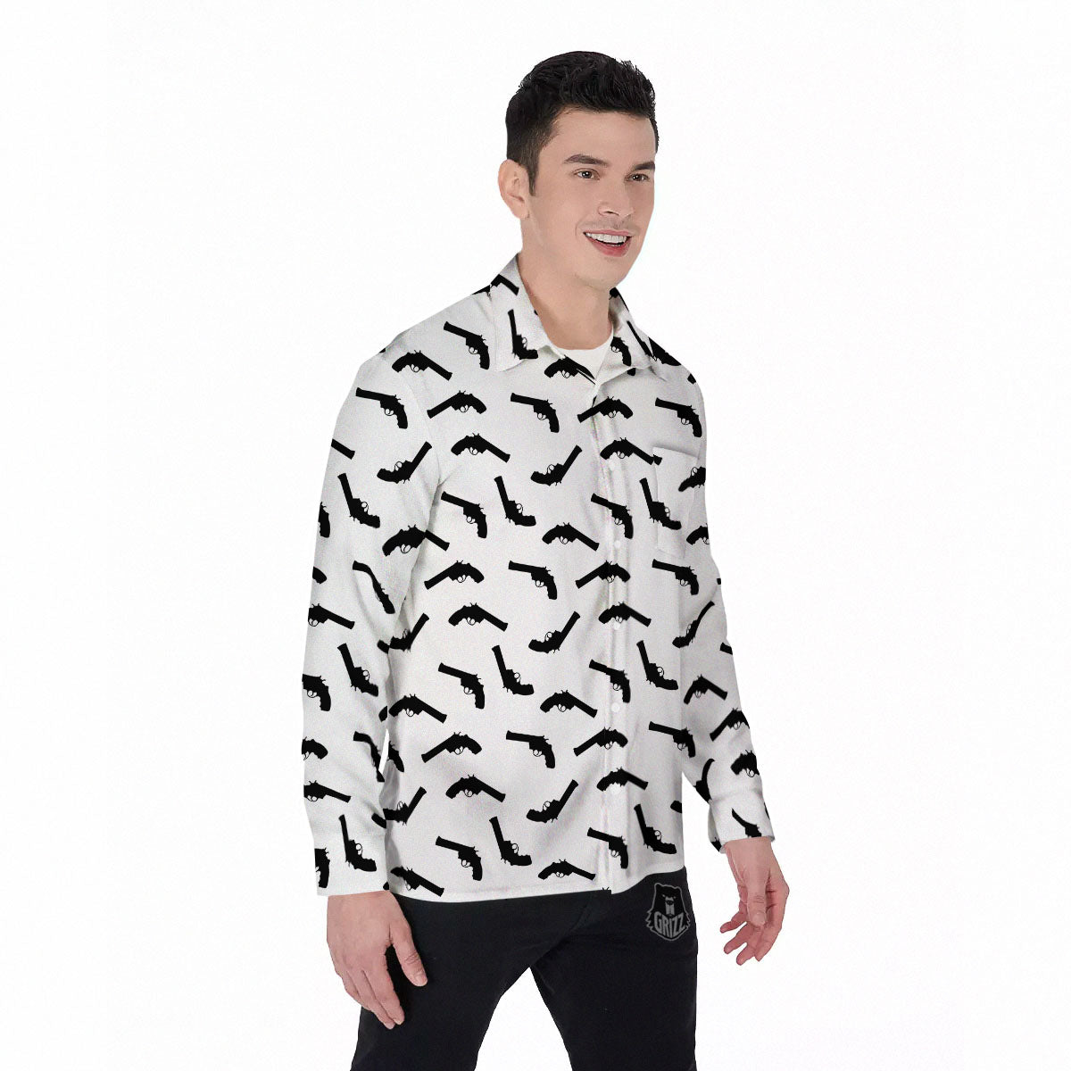 Guns White And Black Print Pattern Men's Long Sleeve Shirts-grizzshop