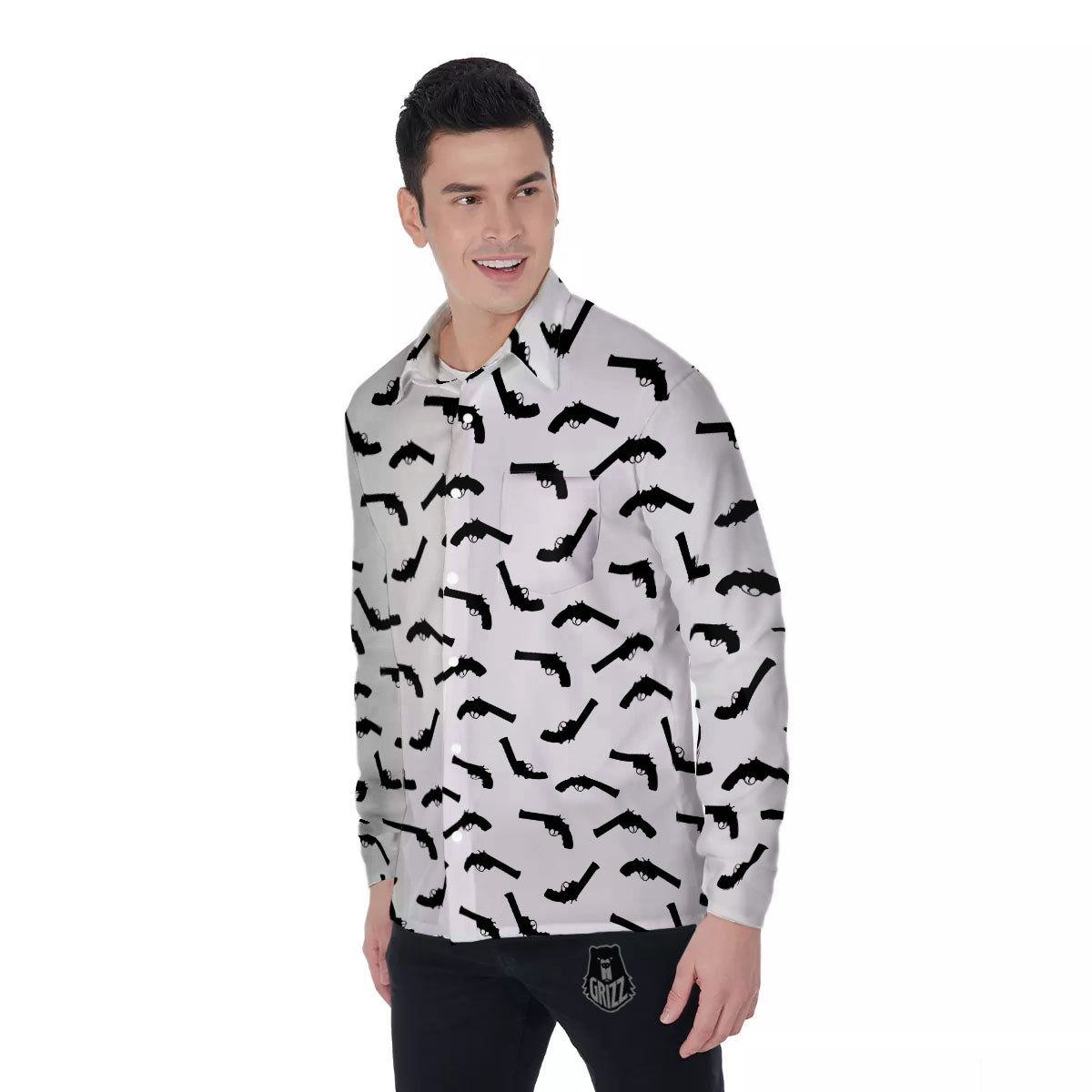 Guns White And Black Print Pattern Men's Long Sleeve Shirts-grizzshop