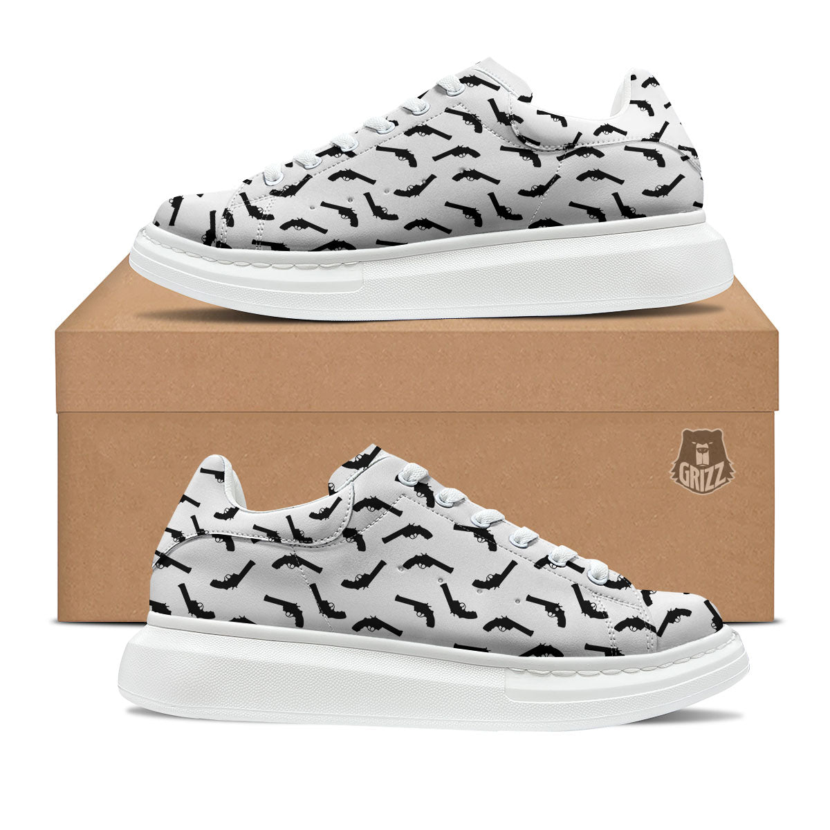 Guns White And Black Print Pattern Platform Shoes-grizzshop