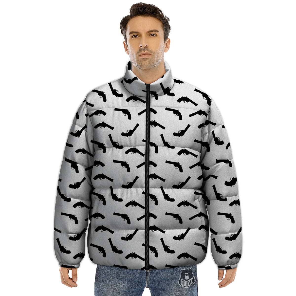 Guns White And Black Print Pattern Puffer Jacket-grizzshop