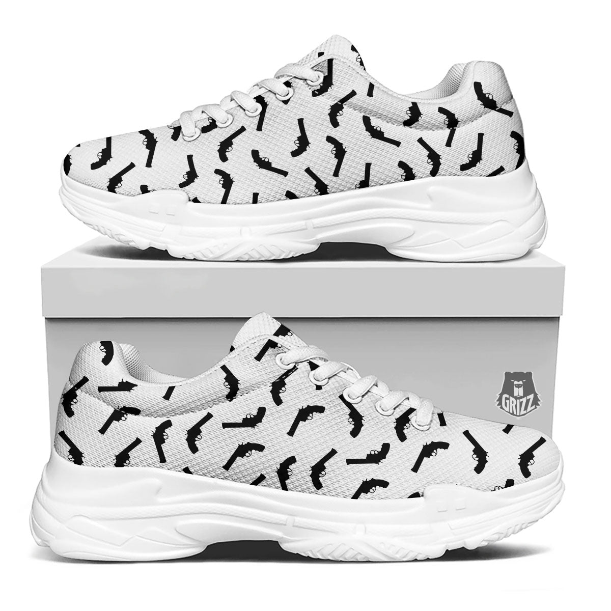 Guns White And Black Print Pattern White Chunky Shoes-grizzshop