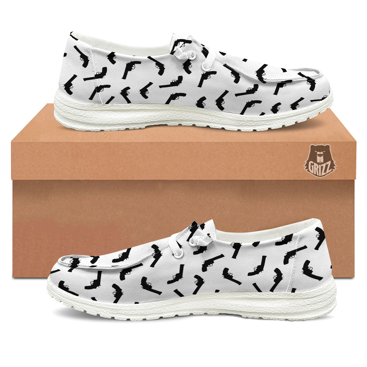 Guns White And Black Print Pattern White Loafers-grizzshop