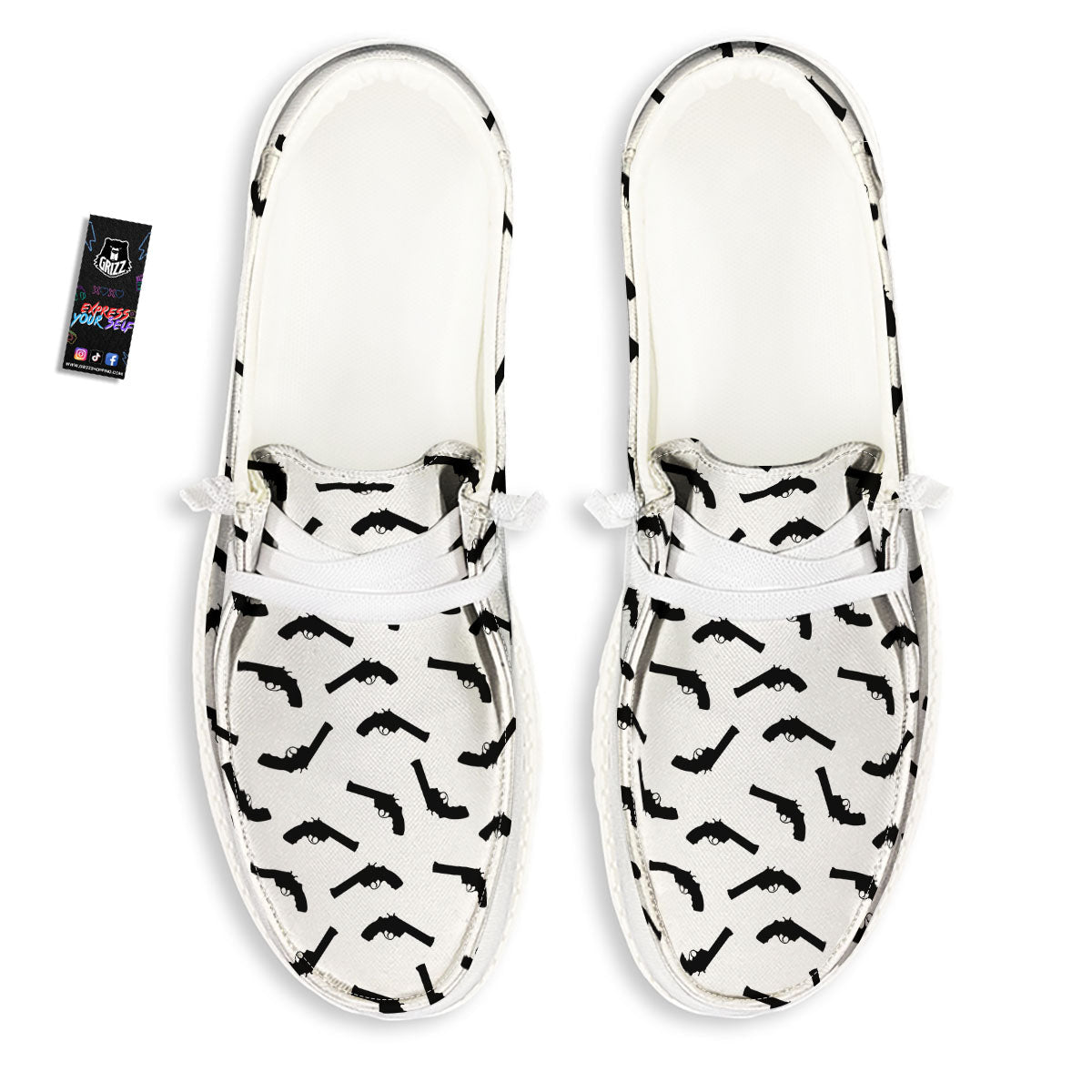 Guns White And Black Print Pattern White Loafers-grizzshop