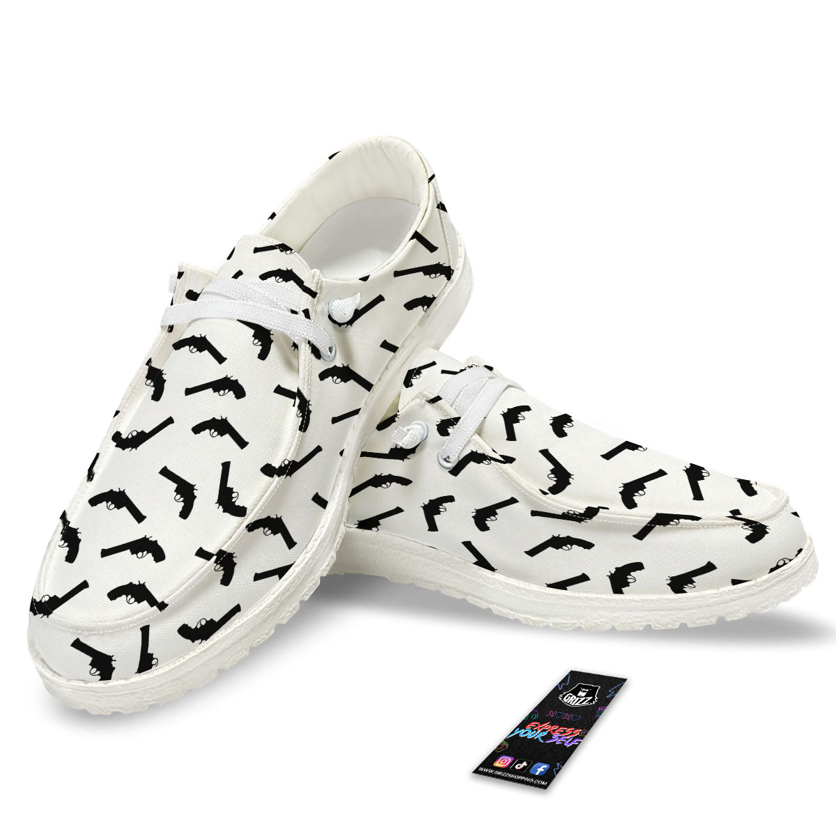 Guns White And Black Print Pattern White Loafers-grizzshop