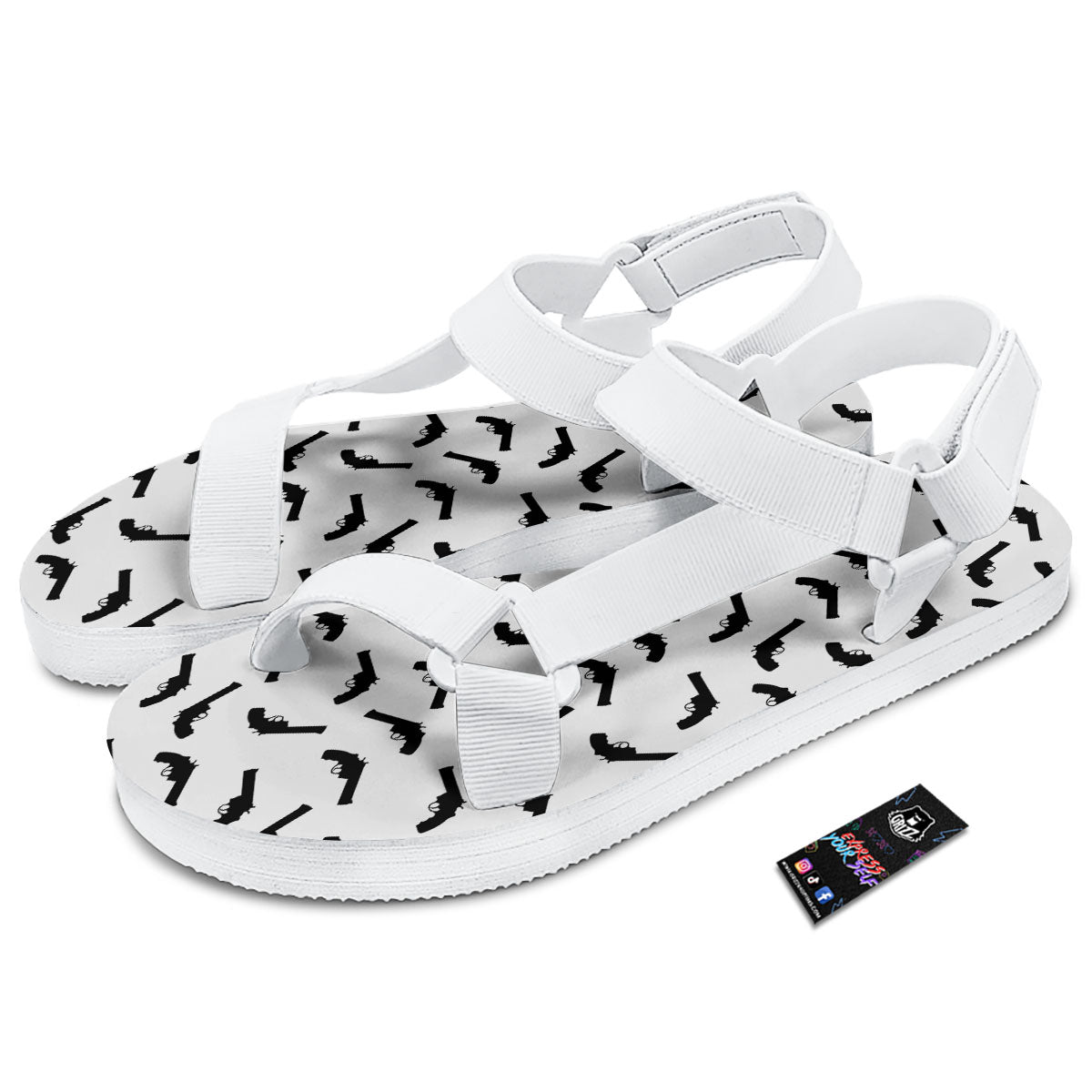 Guns White And Black Print Pattern White Open Toe Sandals-grizzshop