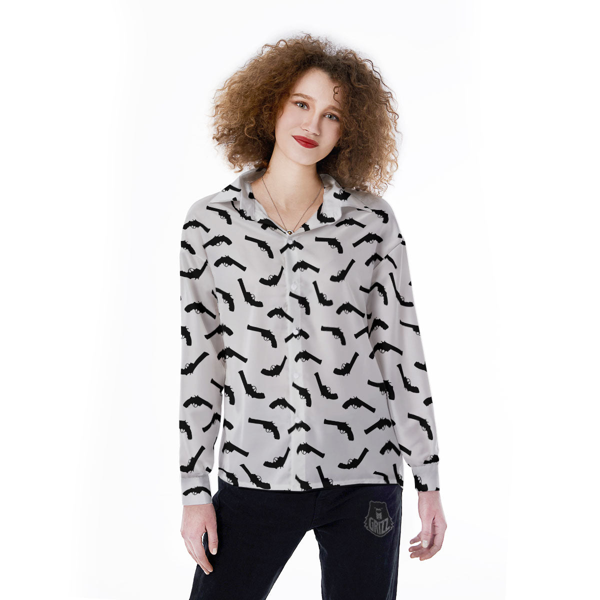 Guns White And Black Print Pattern Women's Long Sleeve Shirts-grizzshop