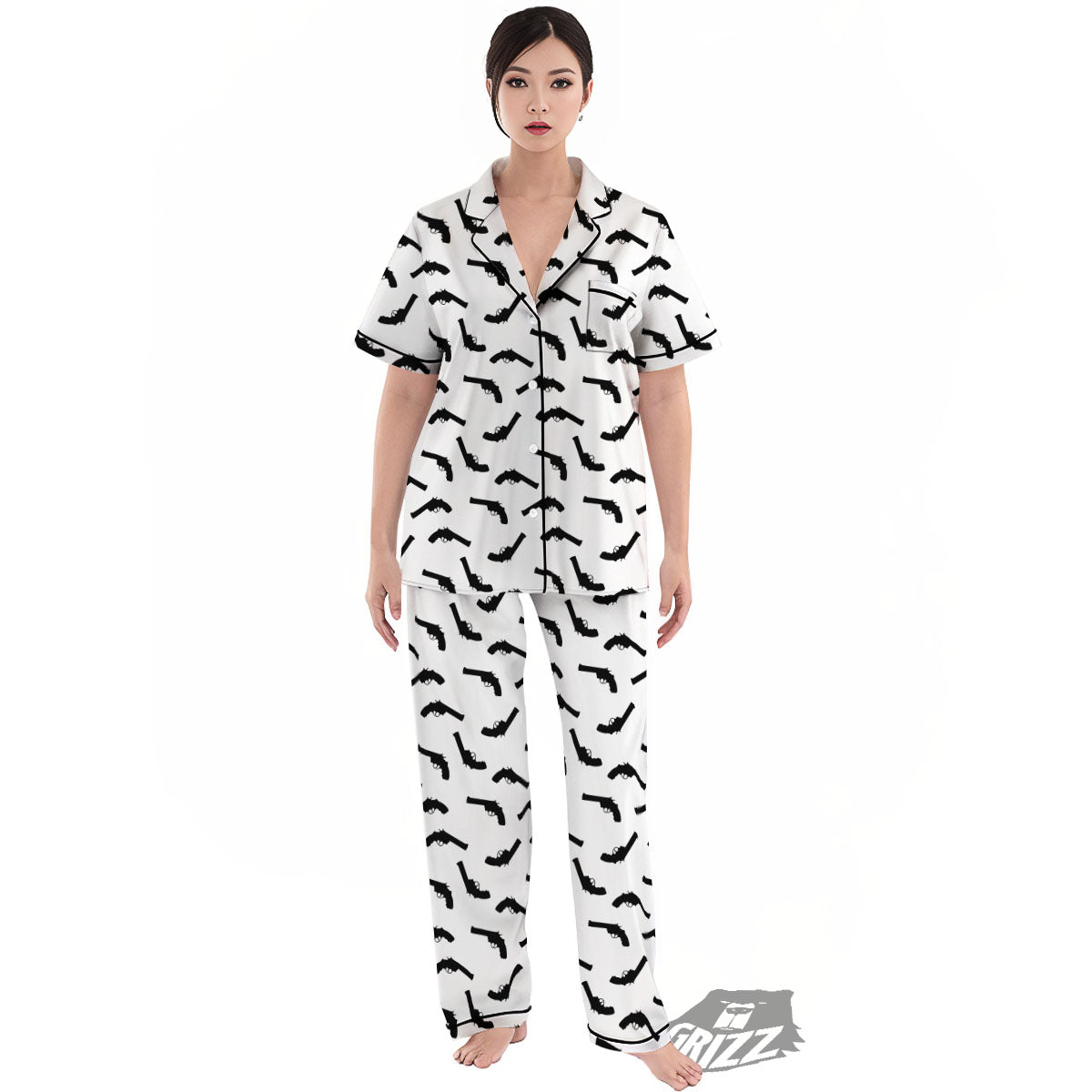 Guns White And Black Print Pattern Women's Pajamas Set-grizzshop