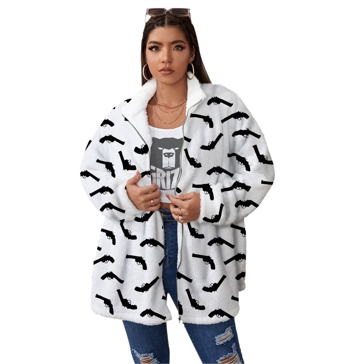 Guns White And Black Print Pattern Women's Sherpa Jacket-grizzshop