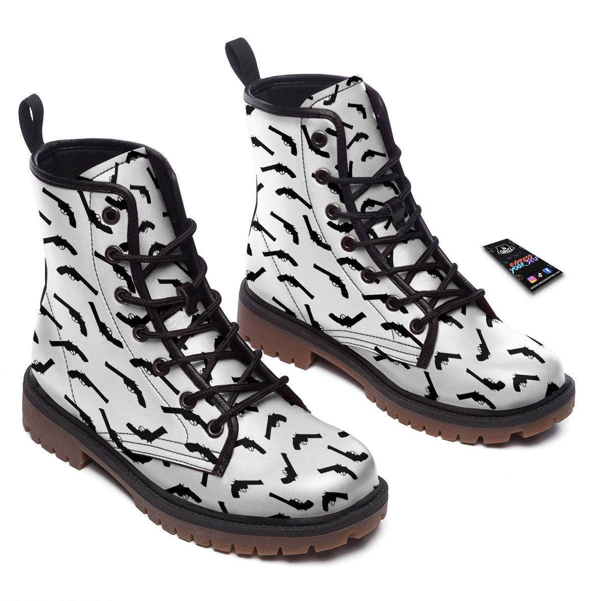 Guns White And Black Print Pattern Work Boots-grizzshop