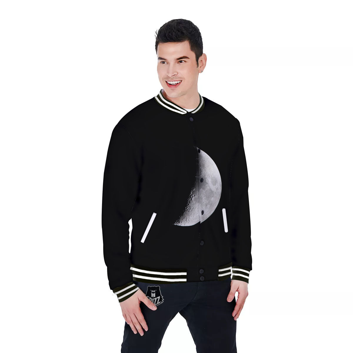 Half Moon Print Baseball Jacket-grizzshop