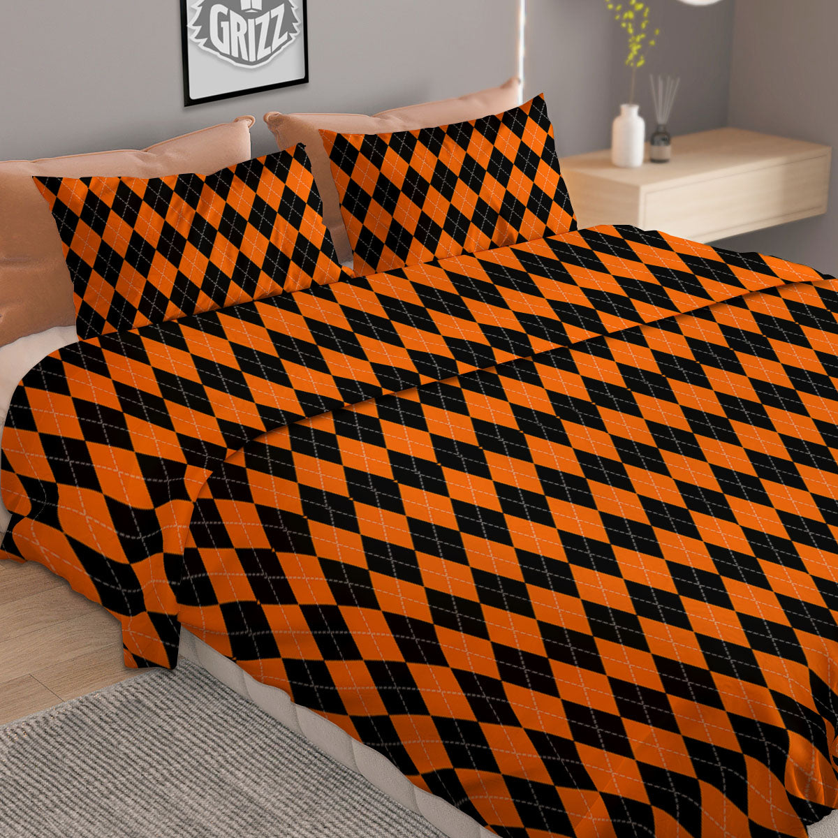 Halloween Argyle Black And Orange Print Duvet Cover Bedding Set