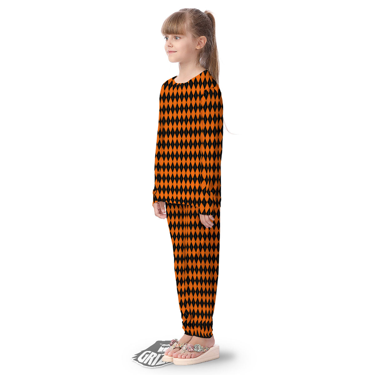 Halloween Argyle Black And Orange Print Kid's Pajamas-grizzshop