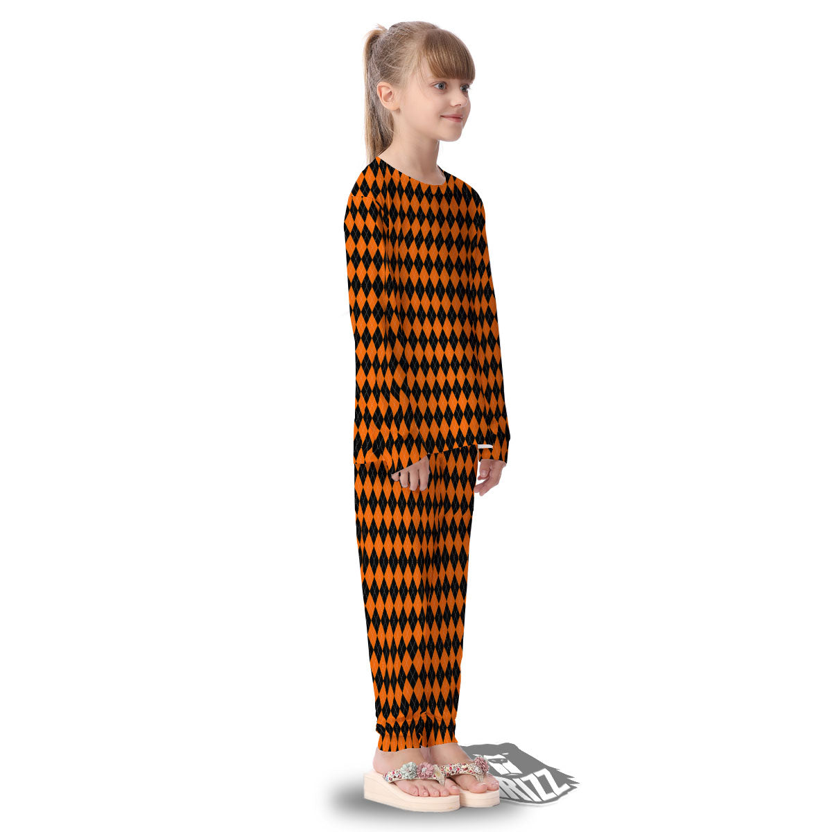 Halloween Argyle Black And Orange Print Kid's Pajamas-grizzshop