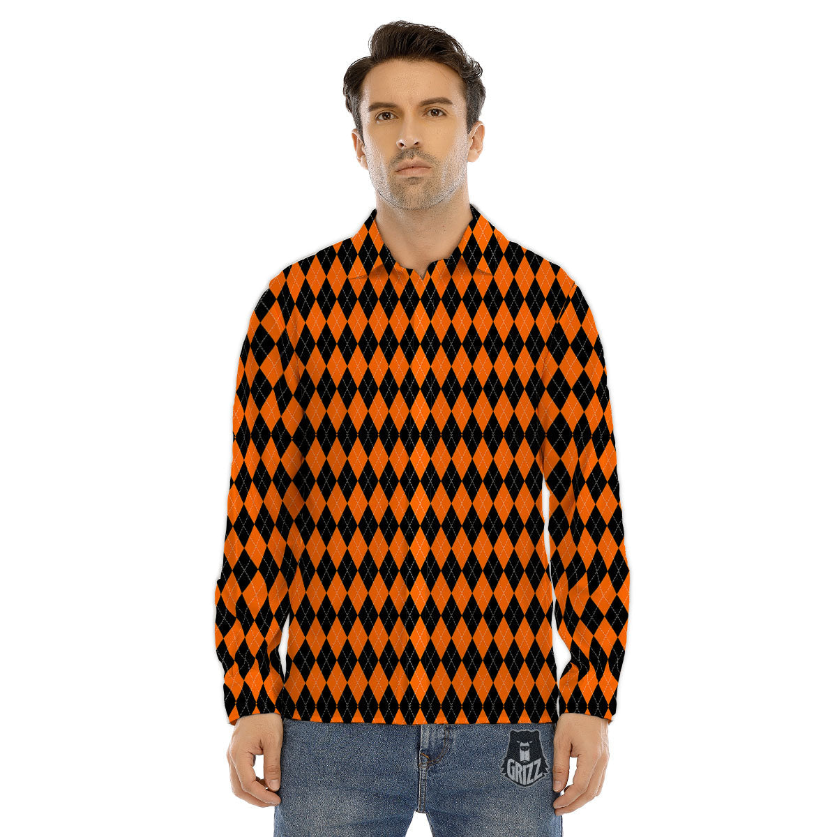 Halloween Argyle Black And Orange Print Men's Dress Shirts-grizzshop