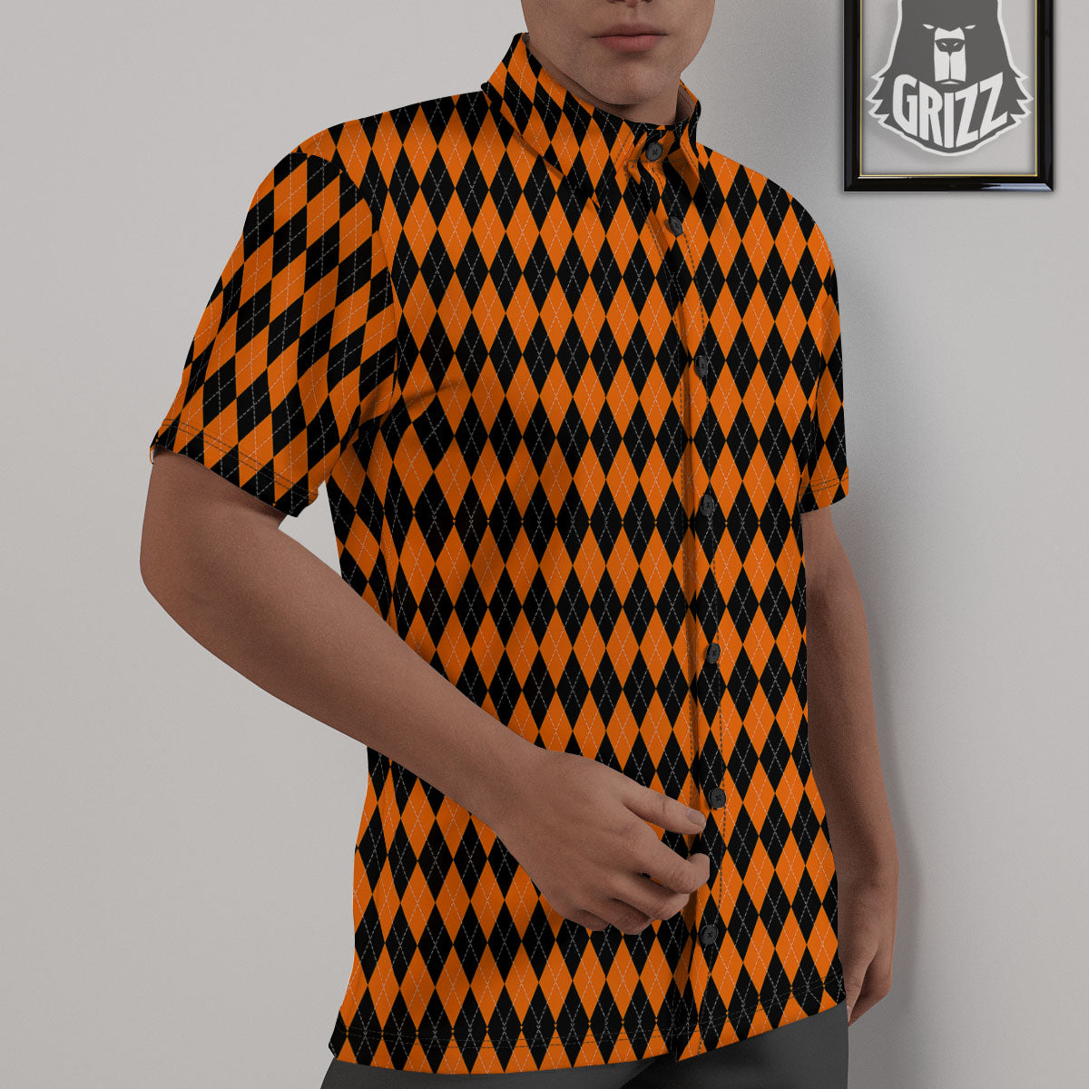 Halloween Argyle Black And Orange Print Untucked Shirts-grizzshop