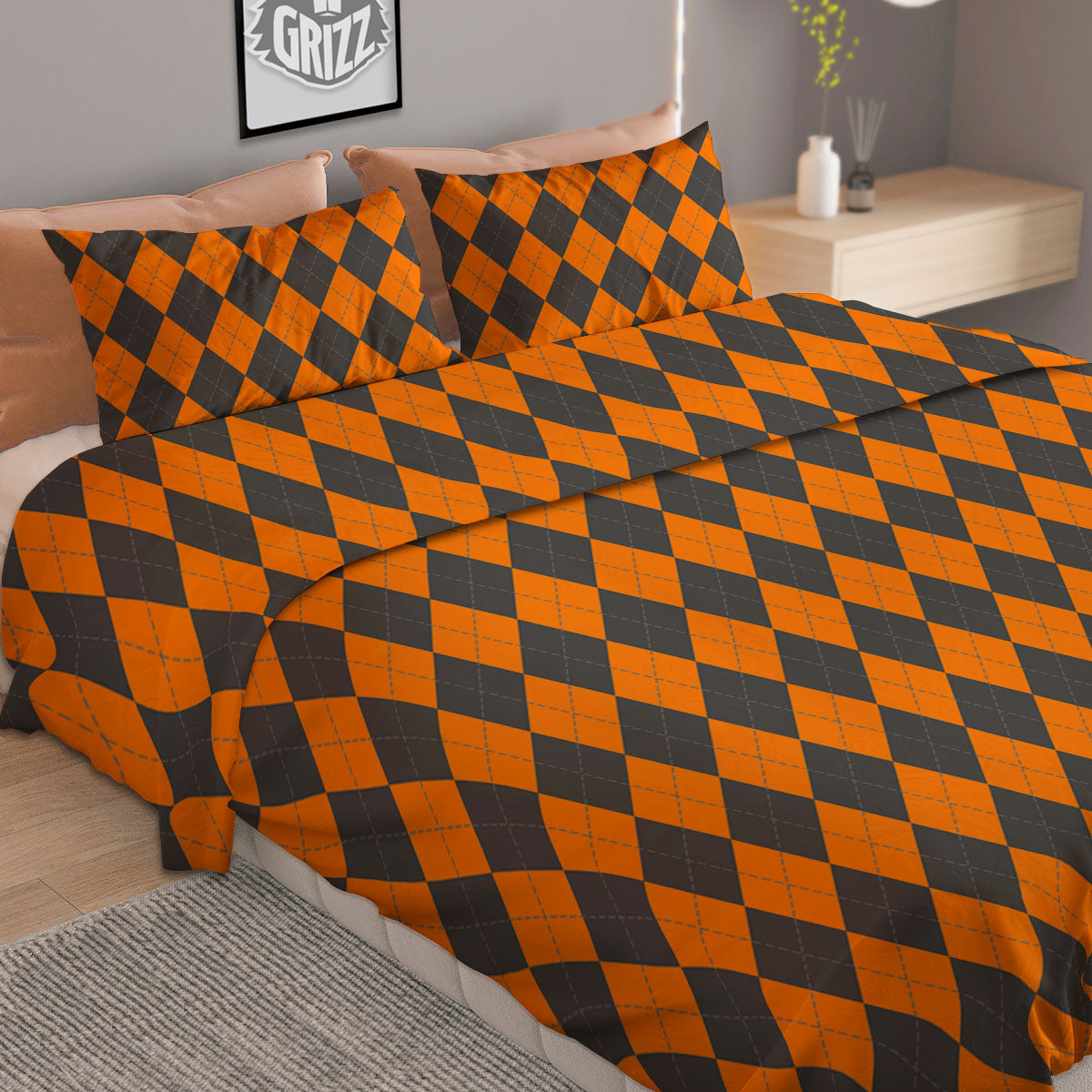 Halloween Argyle Grey And Orange Print Duvet Cover Bedding Set