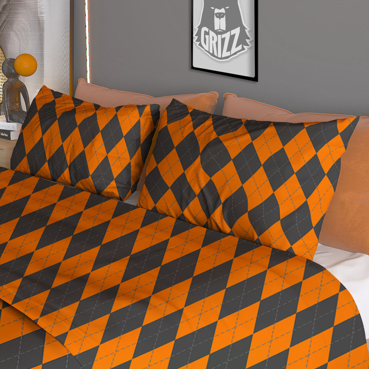 Halloween Argyle Grey And Orange Print Duvet Cover Bedding Set