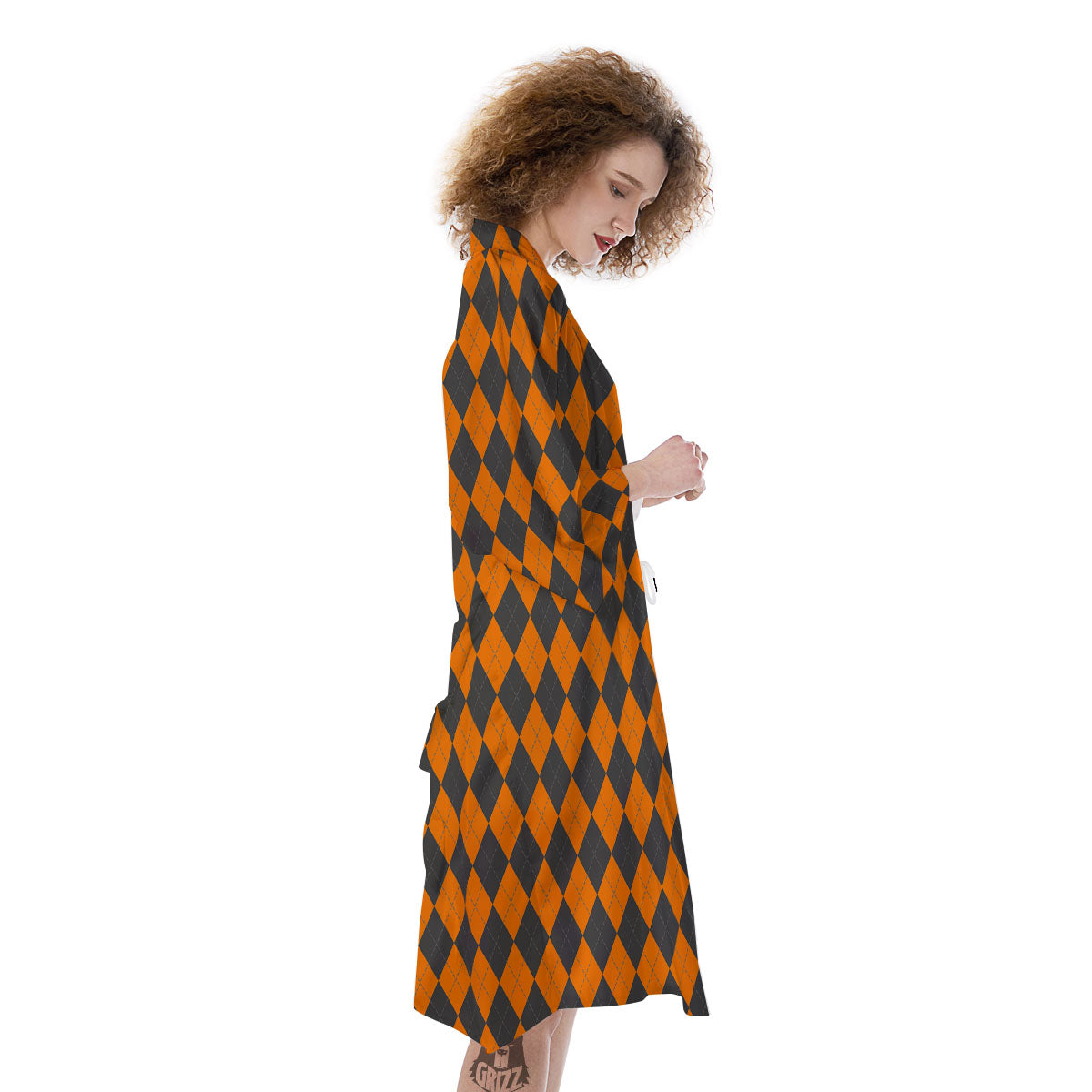 Halloween Argyle Grey And Orange Print Kimono-grizzshop