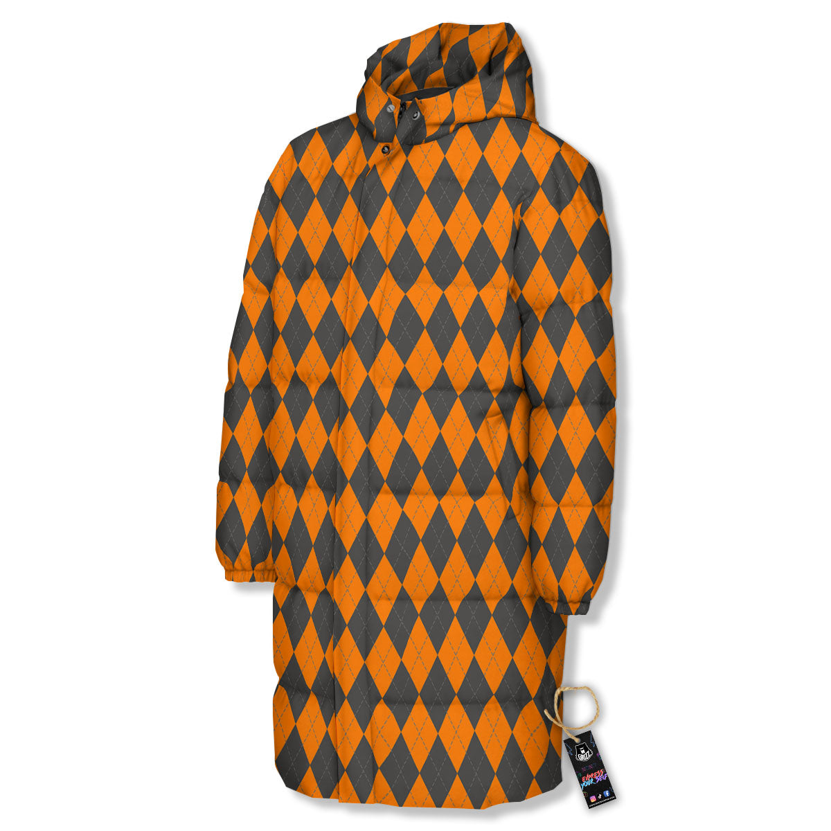 Halloween Argyle Grey And Orange Print Long Down Jacket-grizzshop