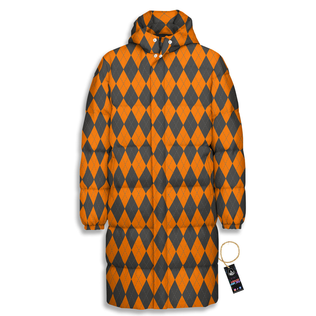 Halloween Argyle Grey And Orange Print Long Down Jacket-grizzshop