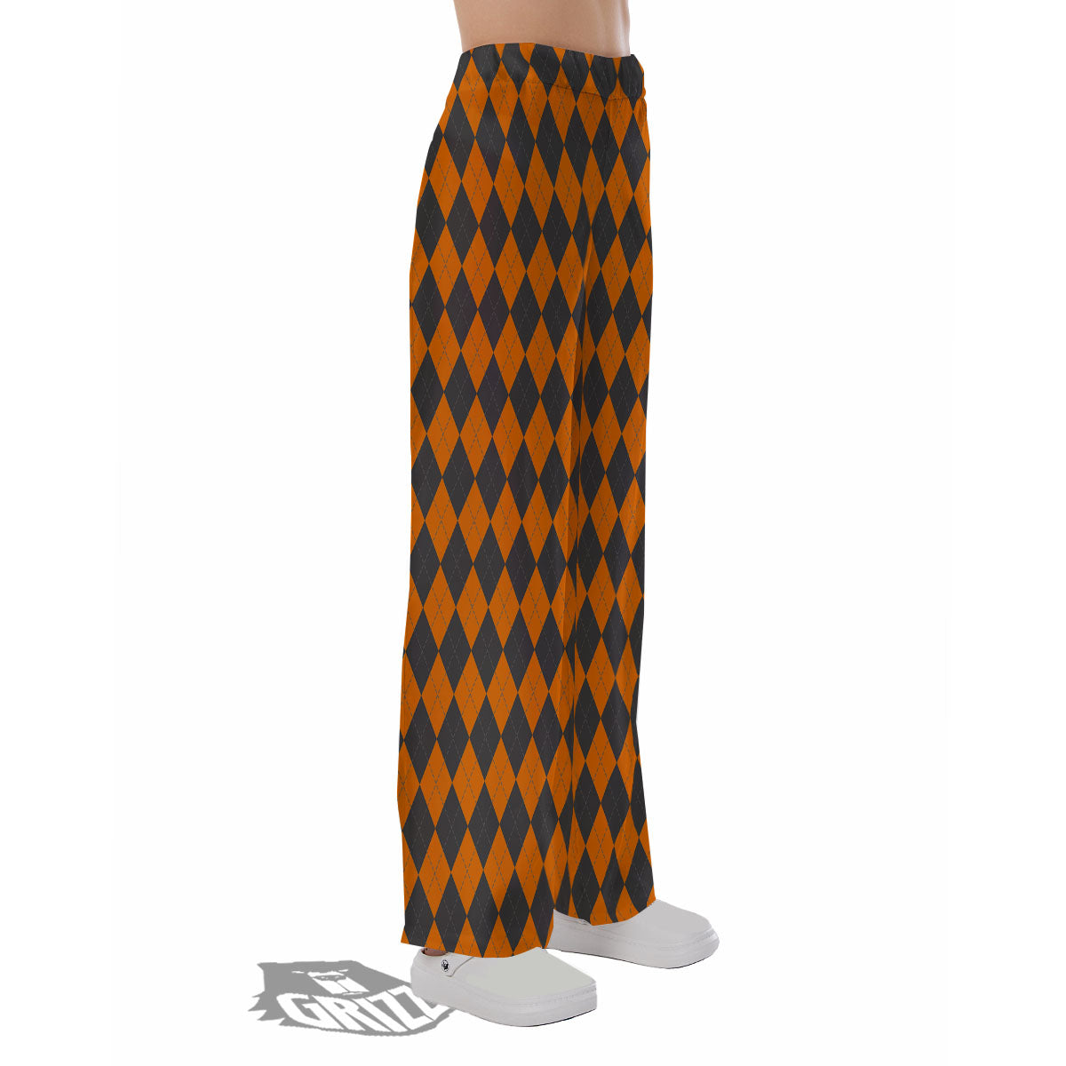 Halloween Argyle Grey And Orange Print Pajama Pants-grizzshop