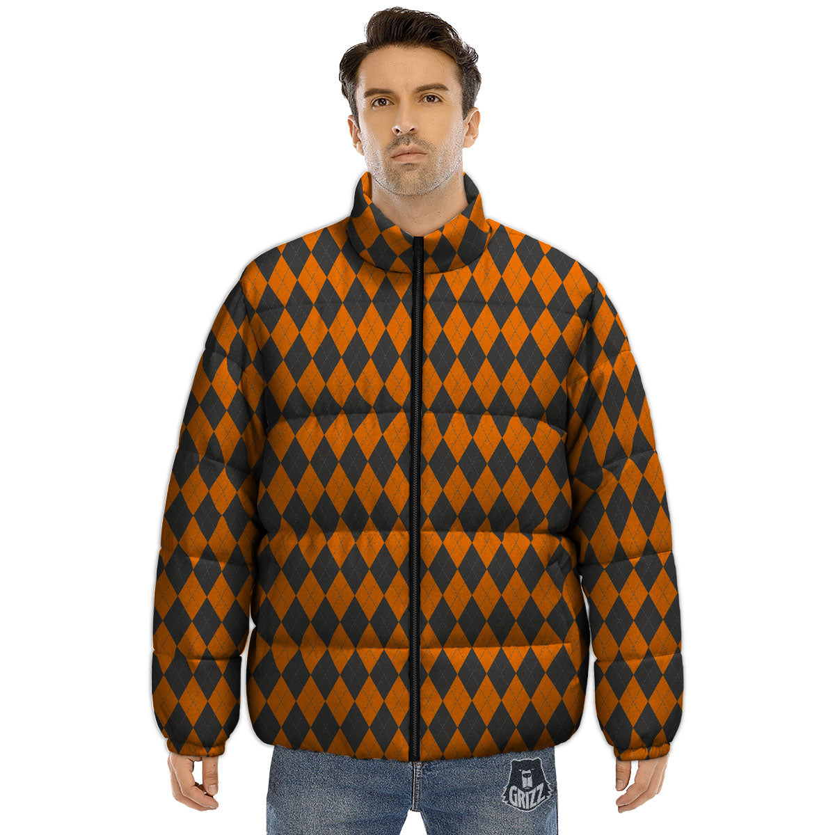 Halloween Argyle Grey And Orange Print Puffer Jacket-grizzshop