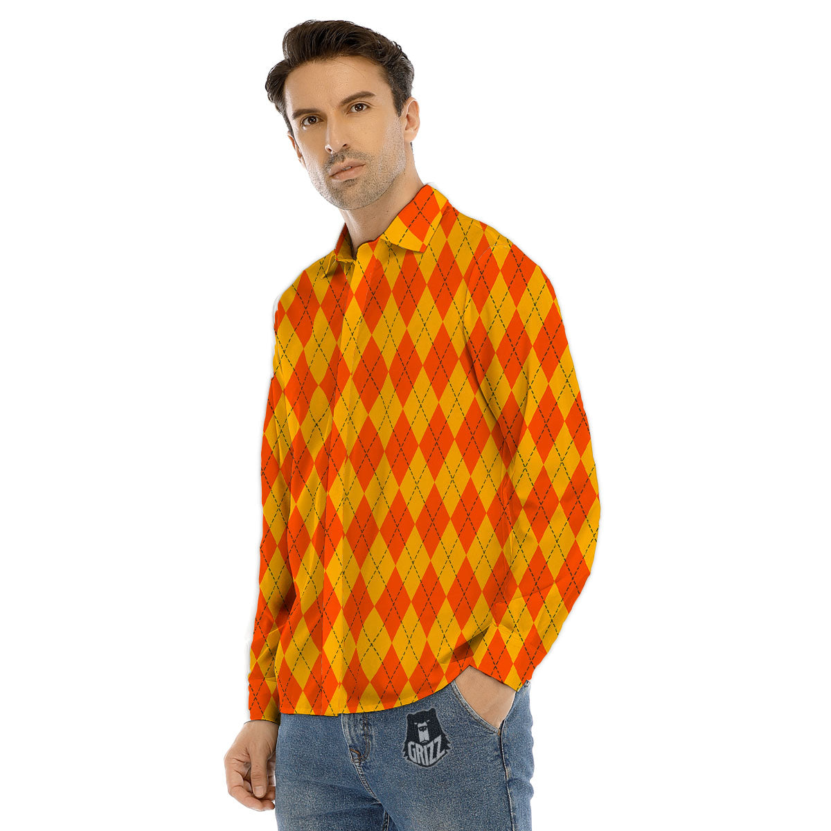Halloween Argyle Orange Print Pattern Men's Dress Shirts-grizzshop