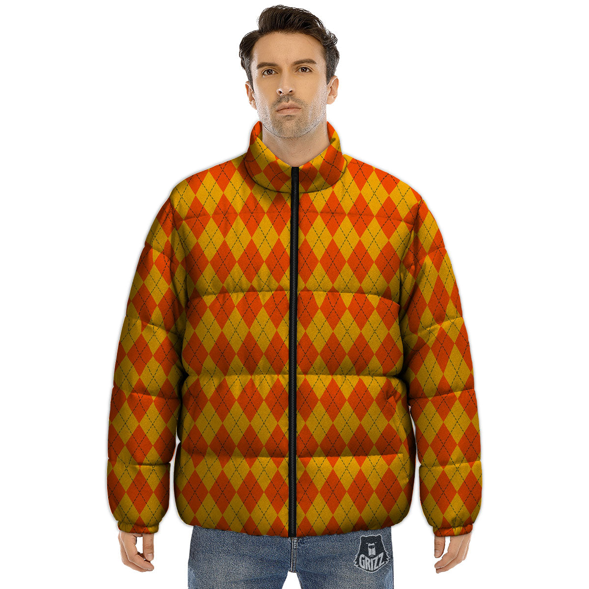 Halloween Argyle Orange Print Pattern Puffer Jacket-grizzshop