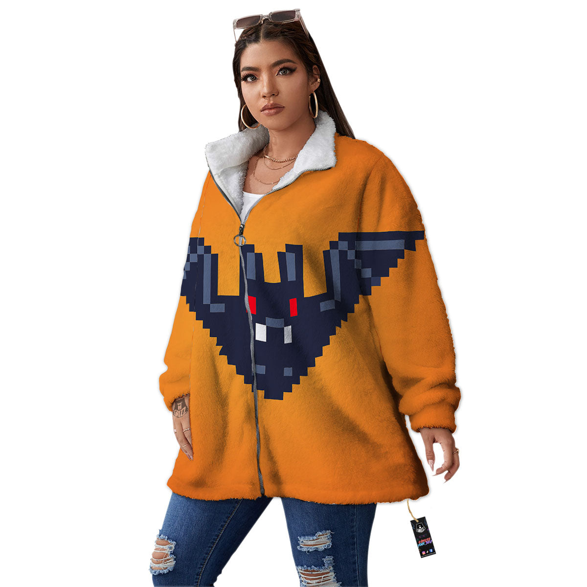 Halloween Bat 8-Bit Pixel Print Women's Sherpa Jacket-grizzshop