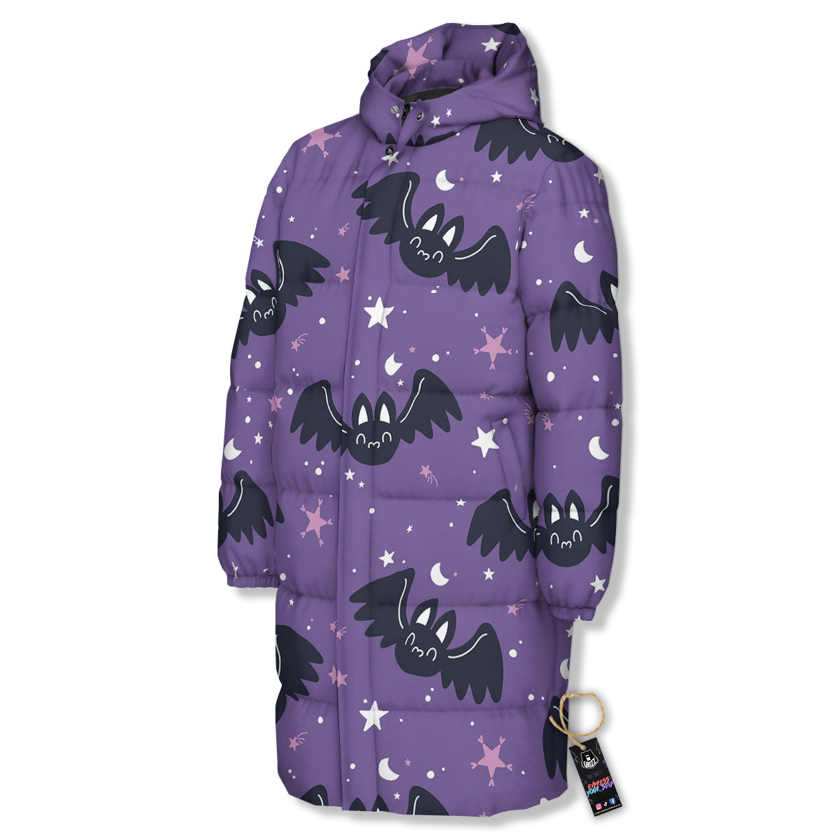 Halloween Bat Black And Purple Print Long Down Jacket-grizzshop