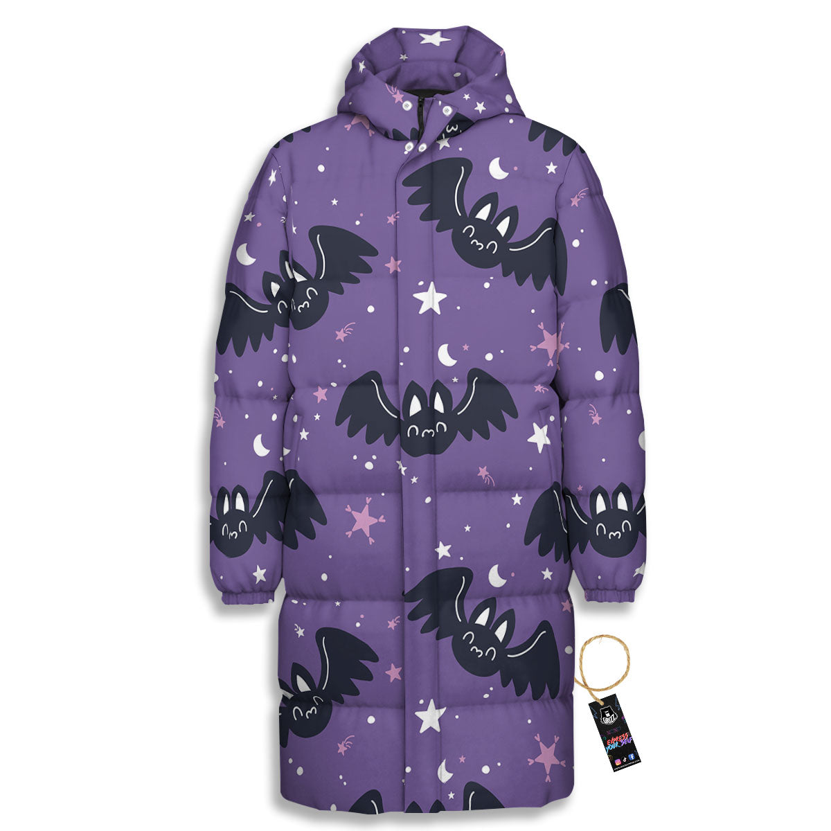 Halloween Bat Black And Purple Print Long Down Jacket-grizzshop