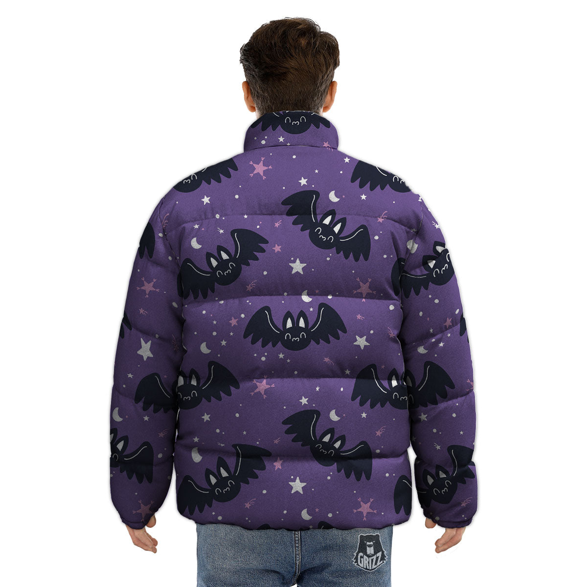 Halloween Bat Black And Purple Print Puffer Jacket-grizzshop