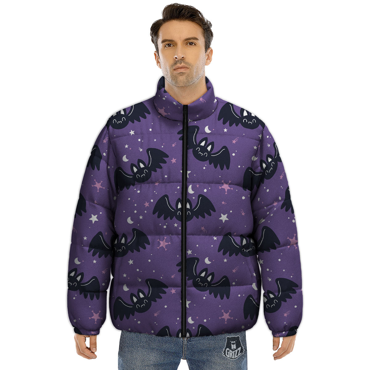 Halloween Bat Black And Purple Print Puffer Jacket-grizzshop