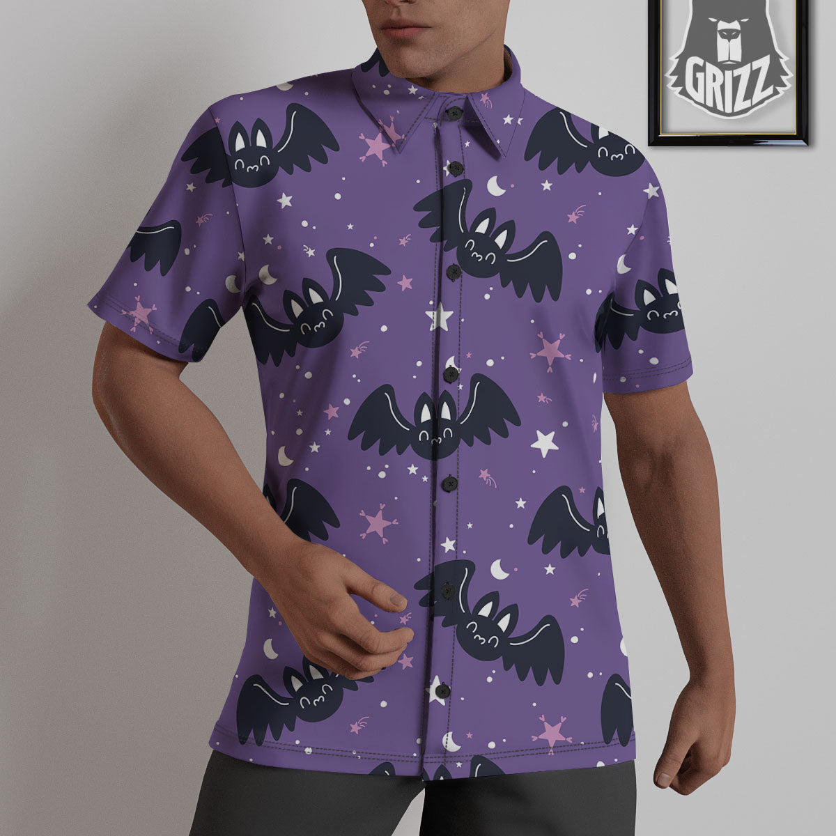 Halloween Bat Black And Purple Print Untucked Shirts-grizzshop