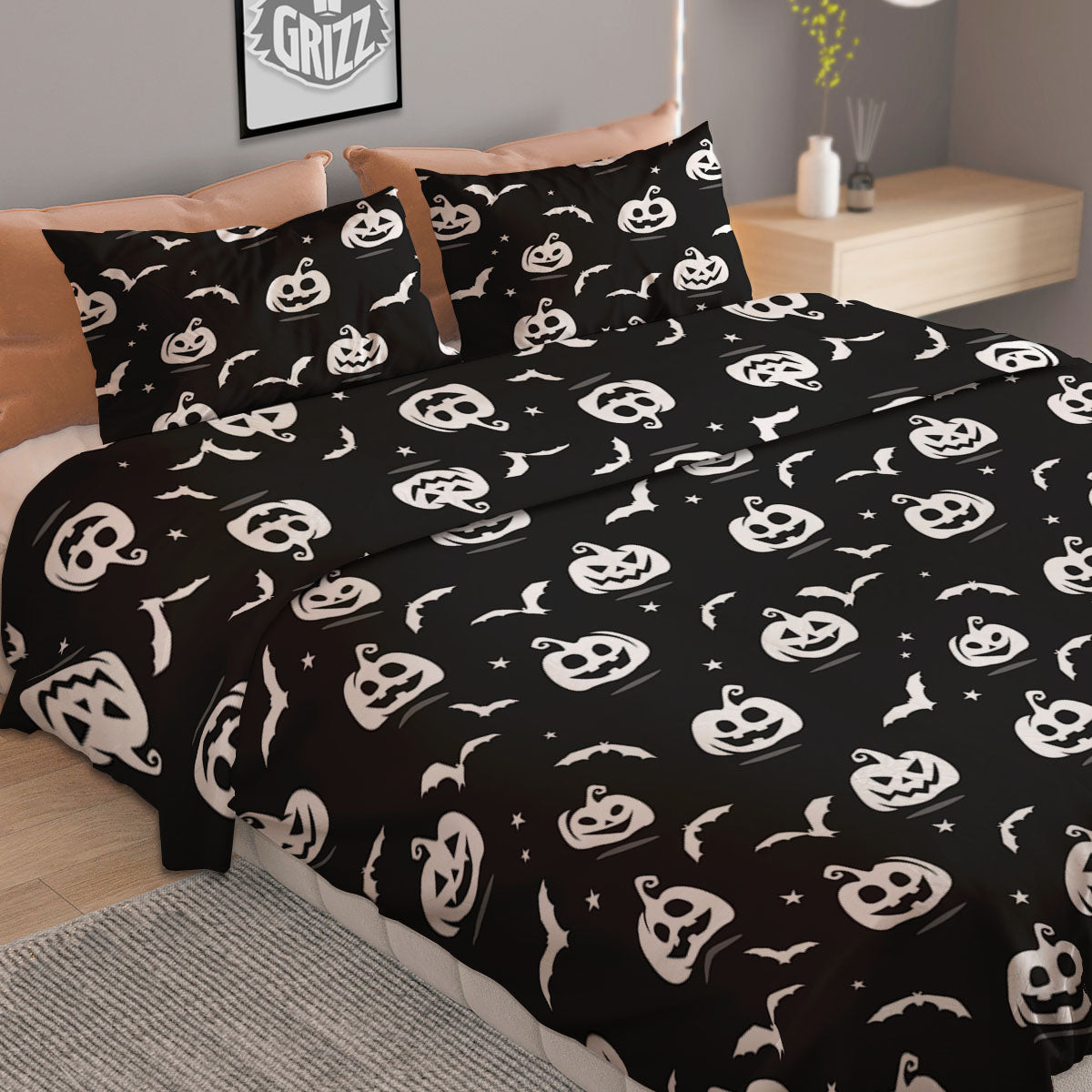 Halloween Bat White And Black Print Duvet Cover Bedding Set