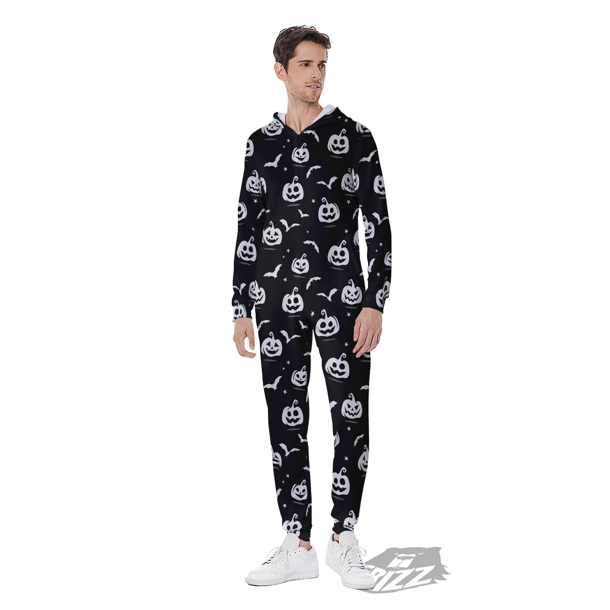 Halloween Bat White And Black Print Men's Jumpsuit-grizzshop