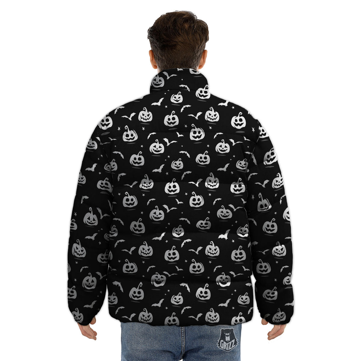 Halloween Bat White And Black Print Puffer Jacket-grizzshop