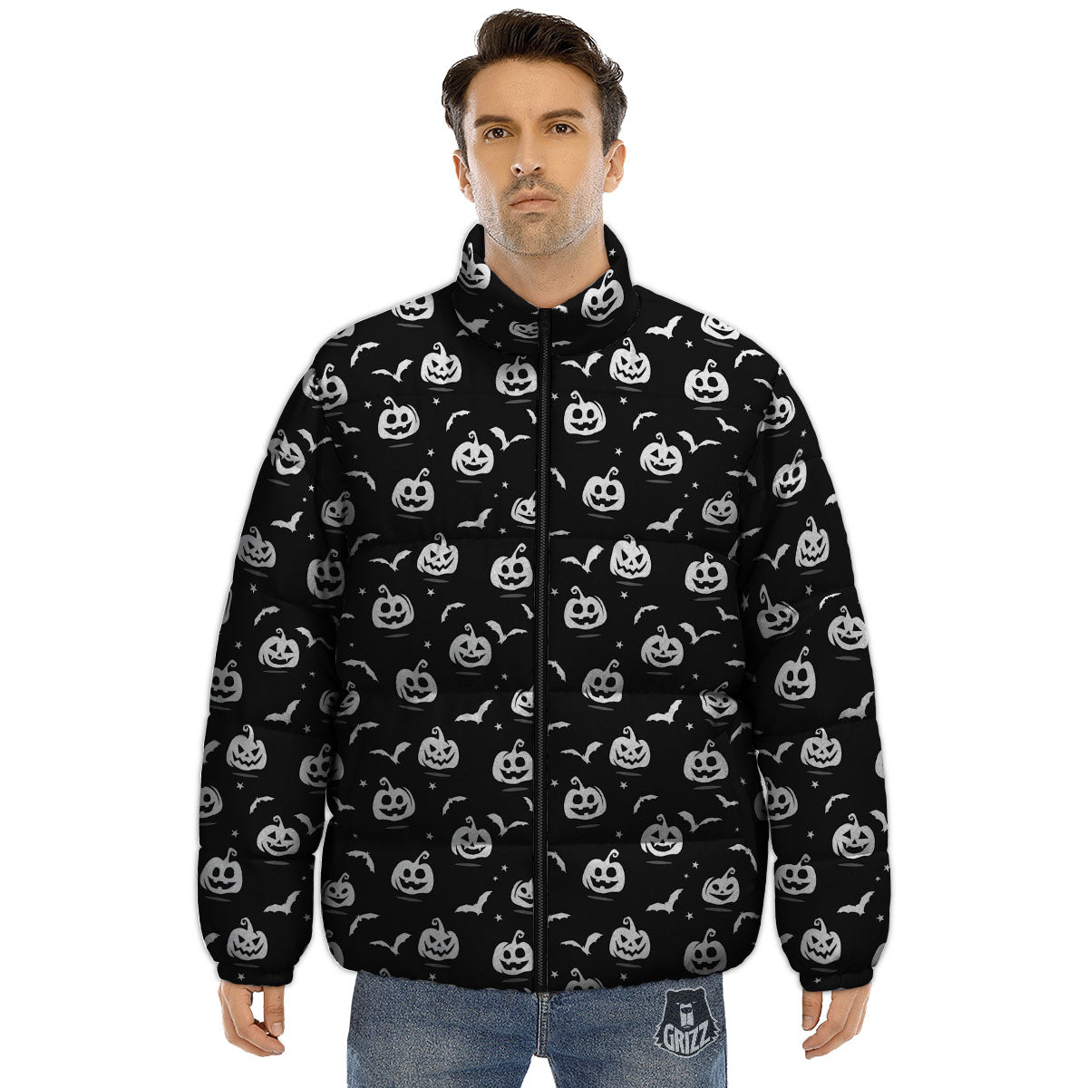 Halloween Bat White And Black Print Puffer Jacket-grizzshop