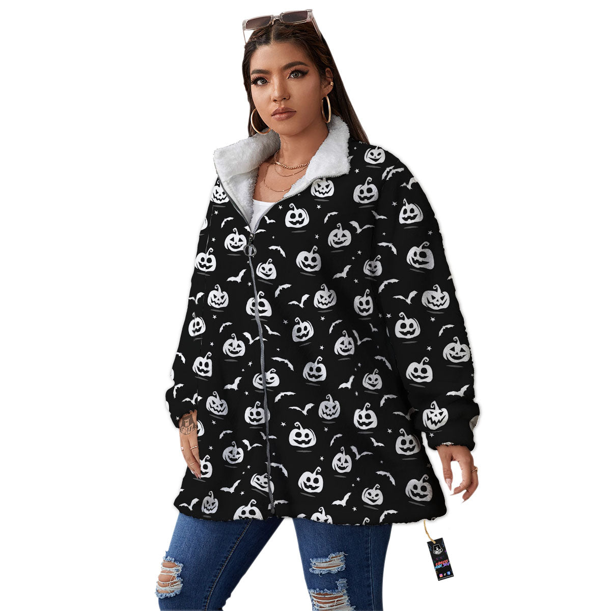 Halloween Bat White And Black Print Women's Sherpa Jacket-grizzshop
