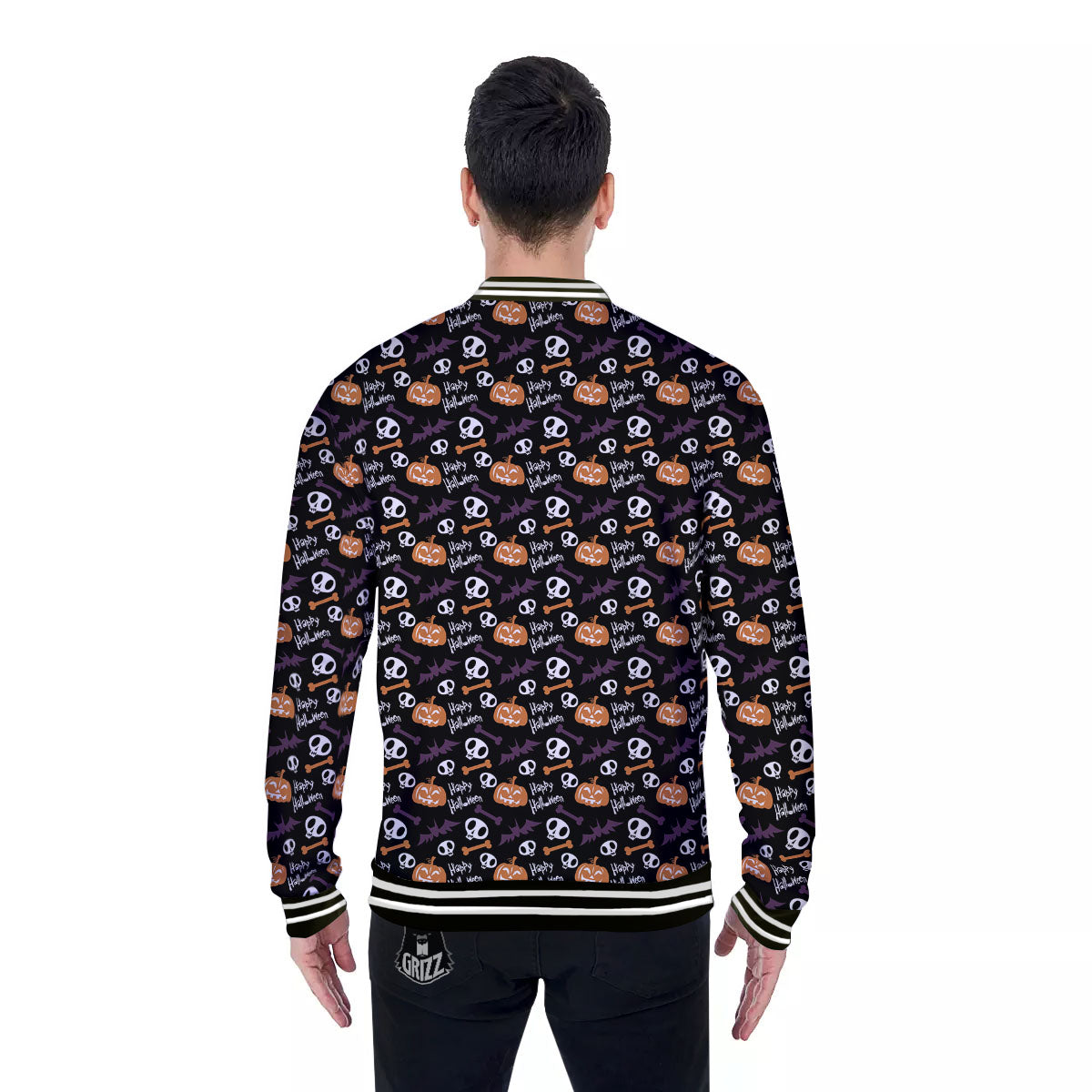 Halloween Black And Orange Print Pattern Baseball Jacket-grizzshop