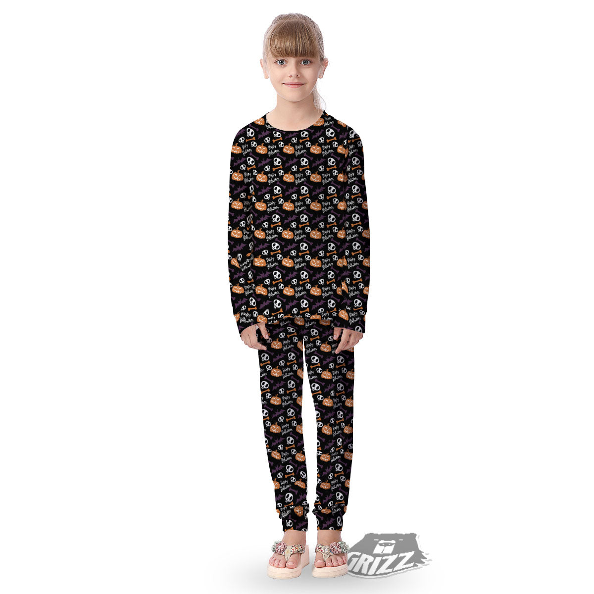 Halloween Black And Orange Print Pattern Kid's Pajamas-grizzshop