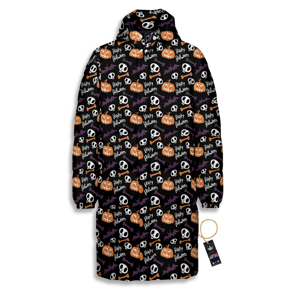 Halloween Black And Orange Print Pattern Long Down Jacket-grizzshop