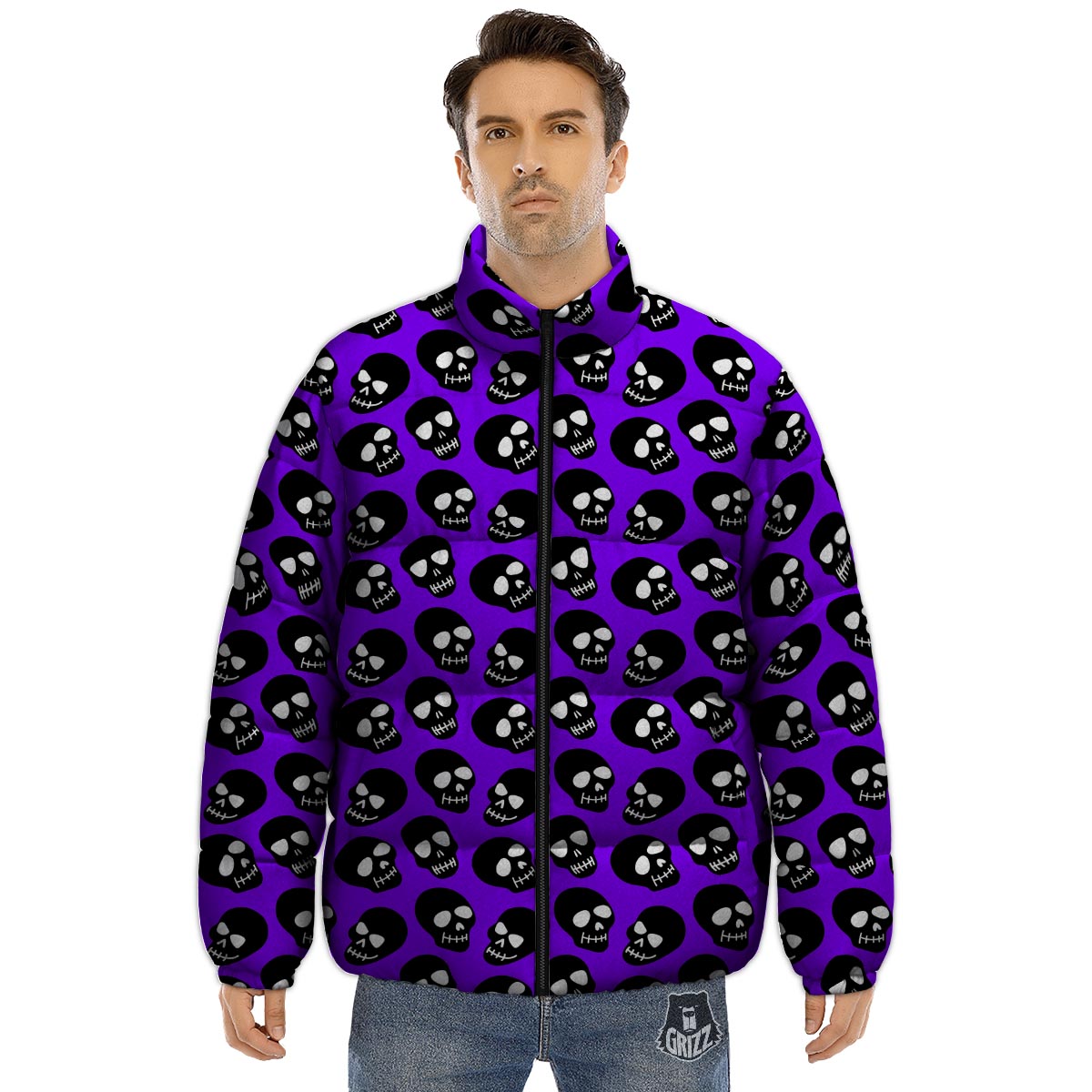 Halloween Black And Purple Print Pattern Puffer Jacket-grizzshop